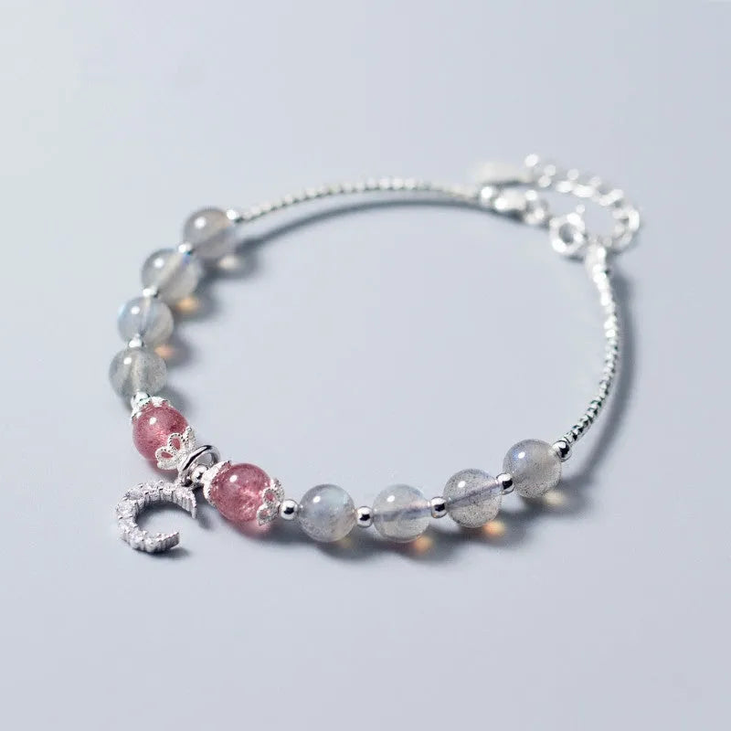 Natural moonstone bracelet with crescent moon charm and adjustable silver chain for women