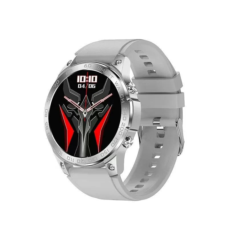 Black Bluetooth smartwatch with round AMOLED screen on a silicone strap, showing fitness stats.