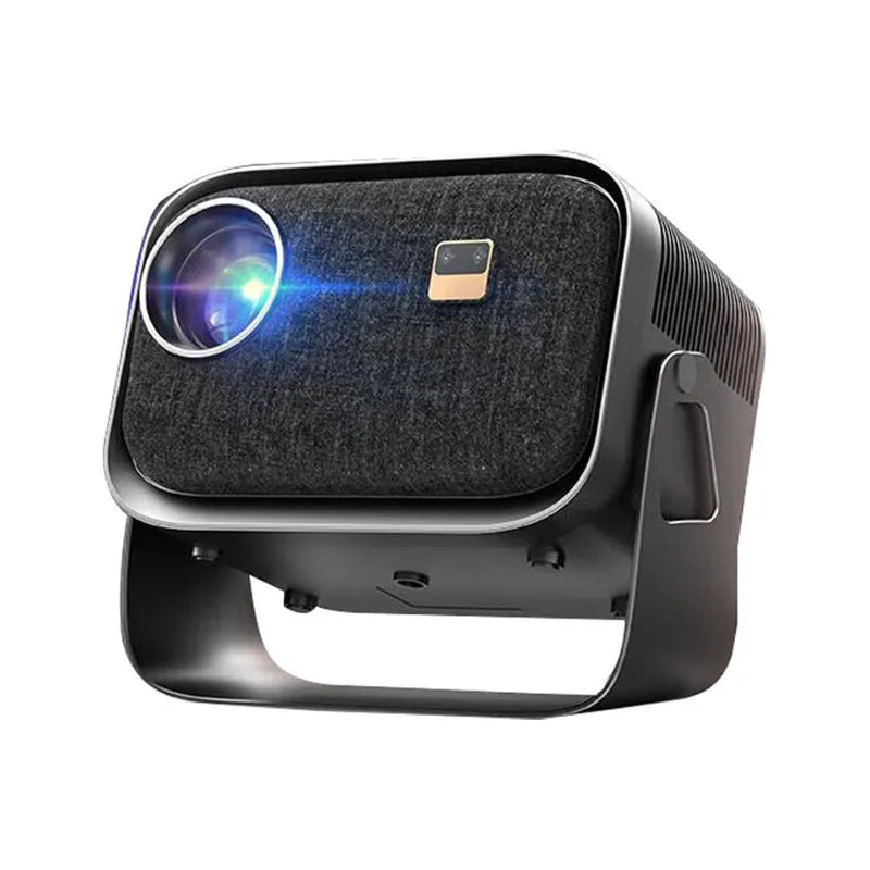 Portable 4K smart projector unit with remote on a wooden table
