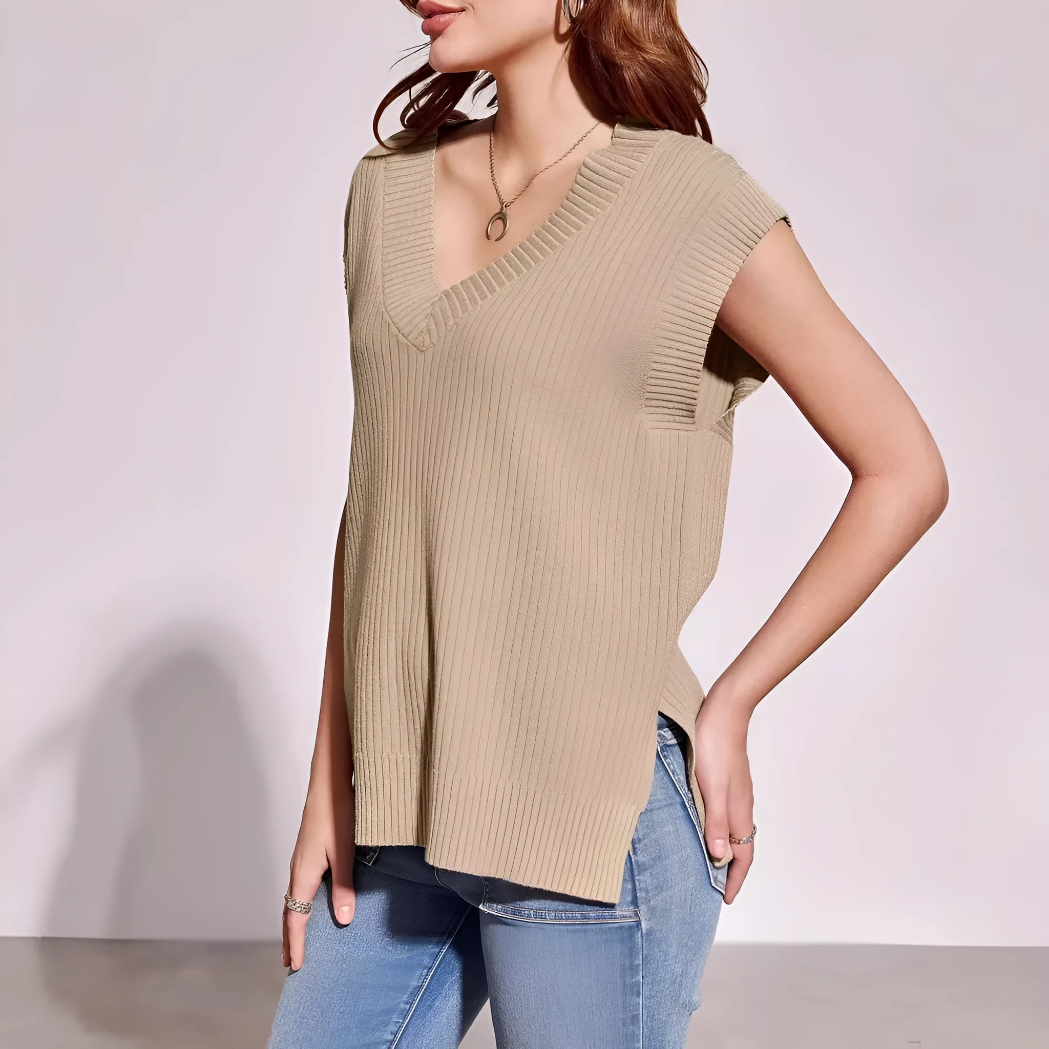 Camel and white loose v-neck sleeveless pullover vests in striped and plaid viscose fabric
