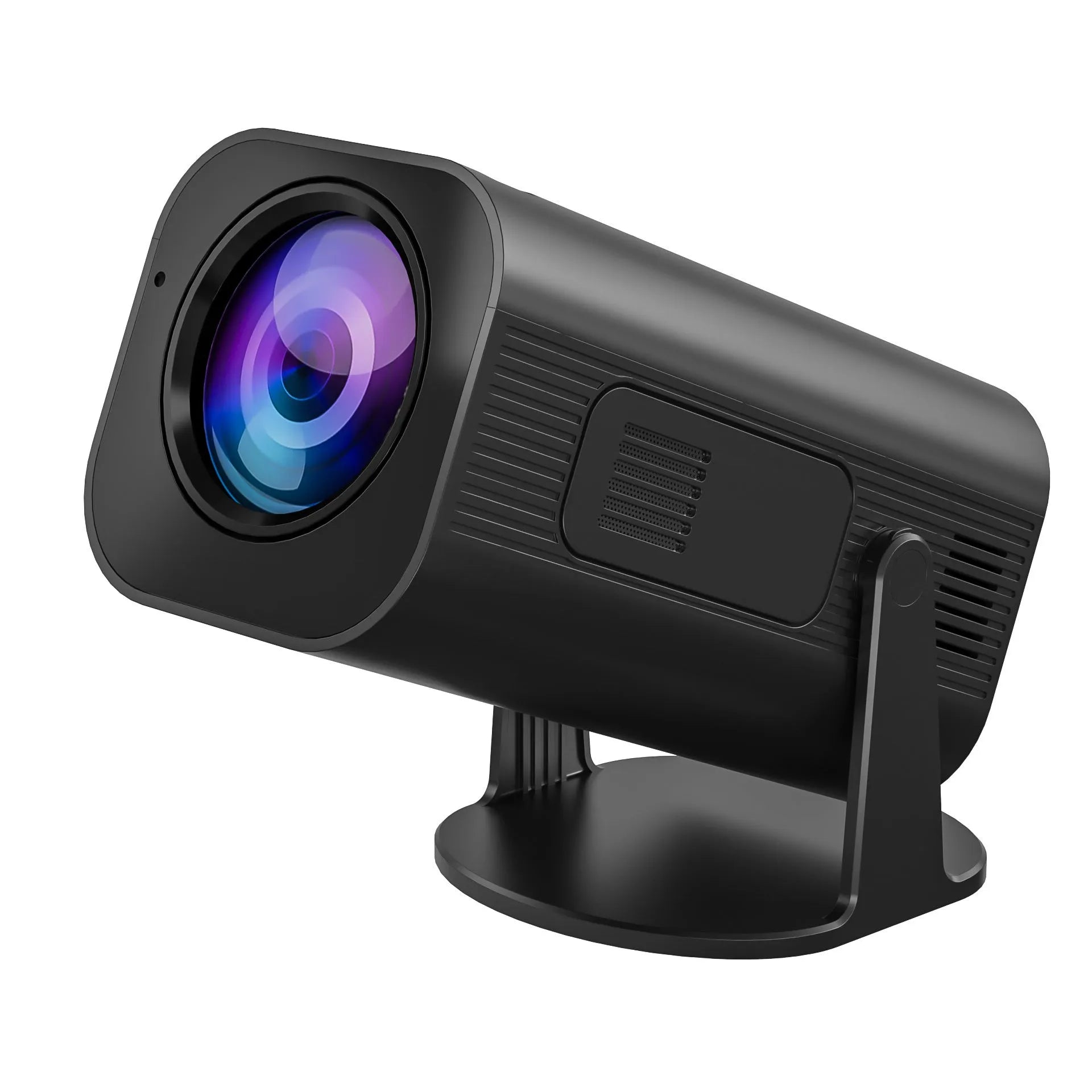Black or white portable mini projector with remote control and power cord on plain background