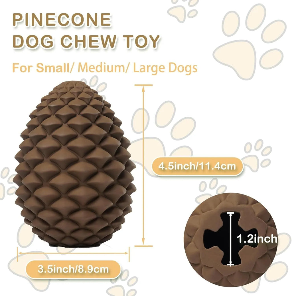 Yellow pine cone-shaped natural rubber dog toy with treat dispenser for medium and large dogs