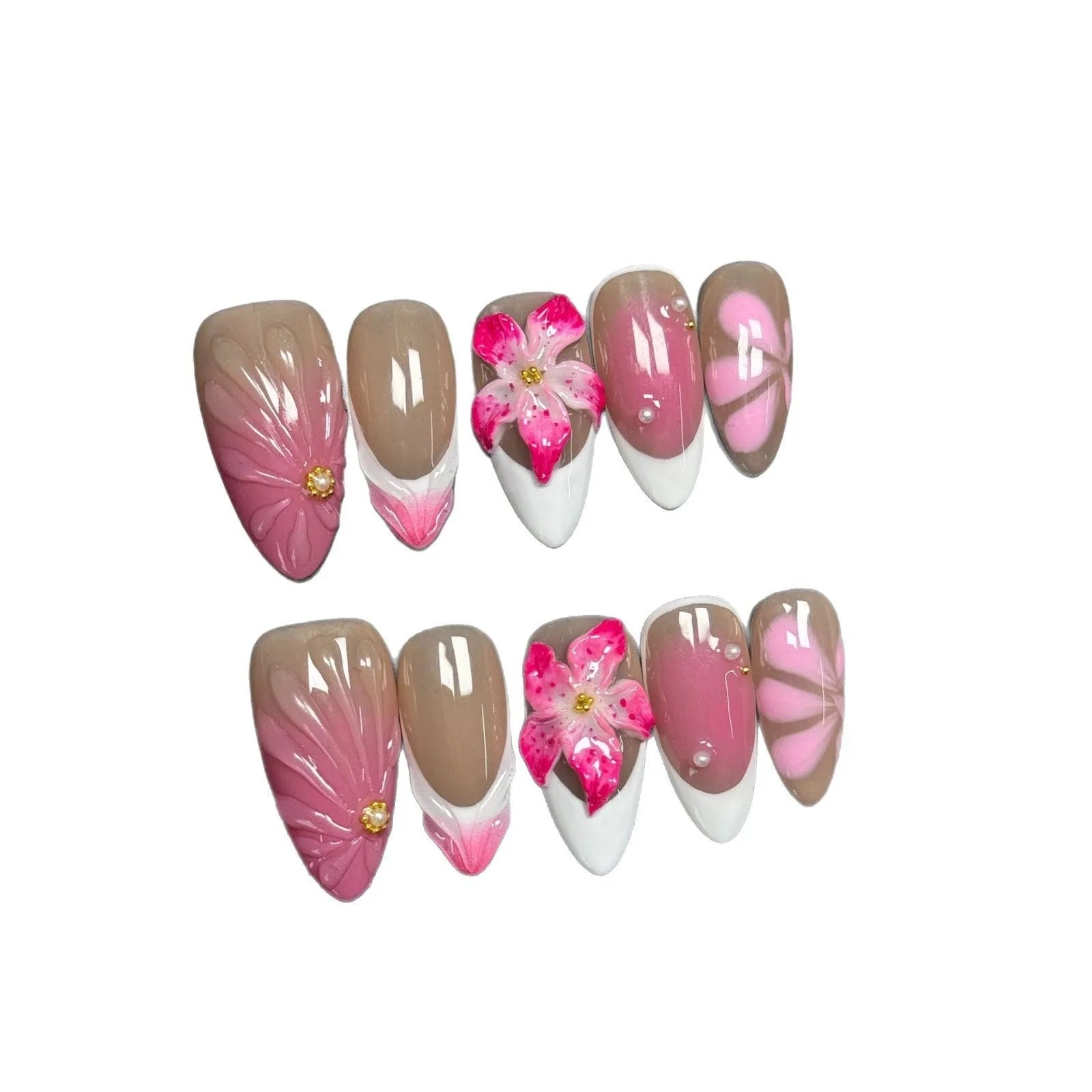 French style lily fluid ice flower 3D design press on nails in almond shape, sizes XS to L