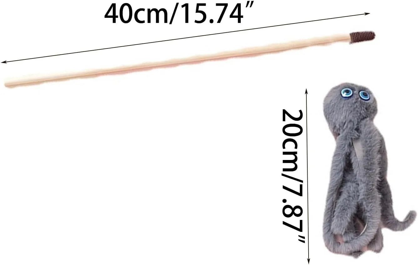 Brightly coloured furry octopus cat toy attached to a long stick for interactive indoor play