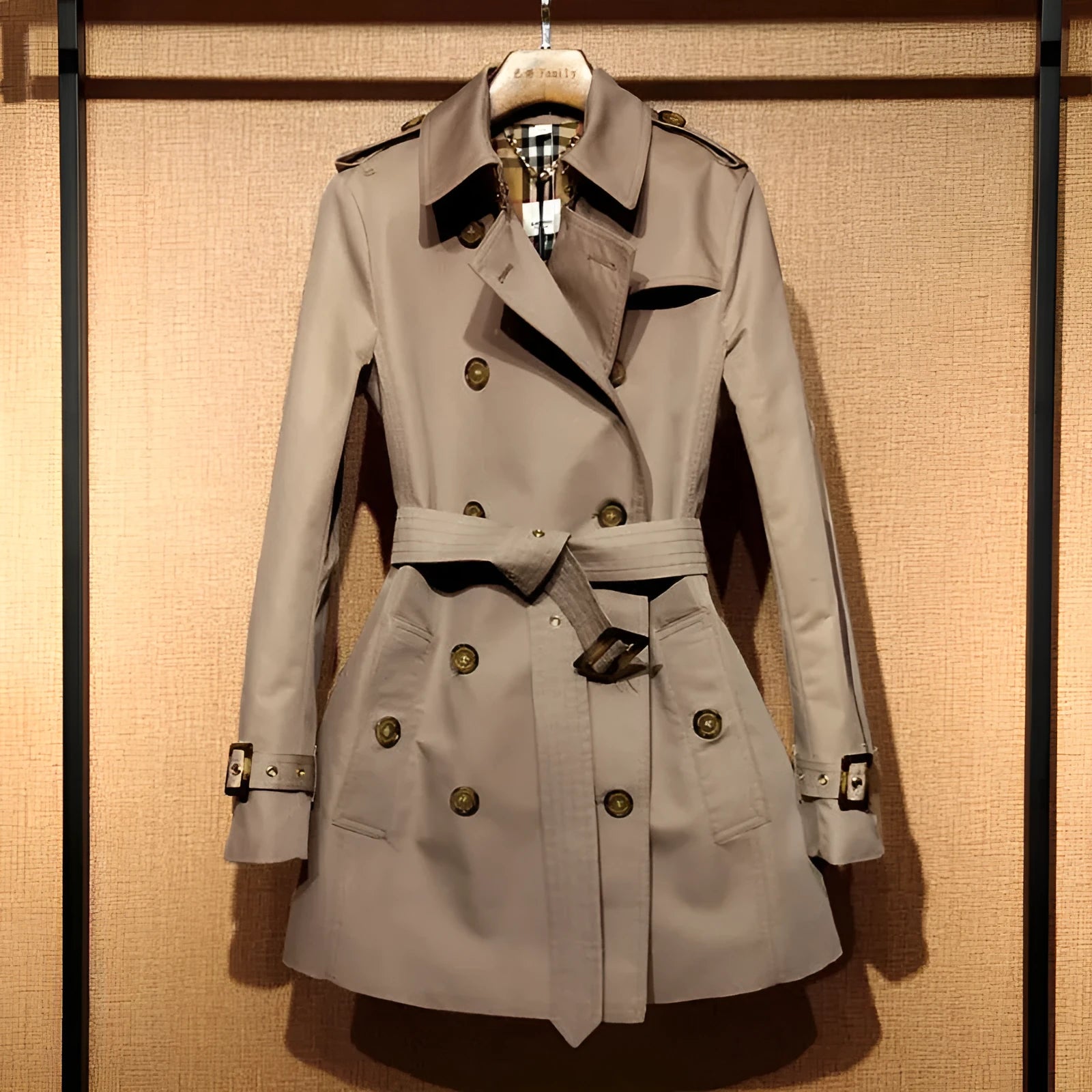 Khaki double-breasted trench coat for women with flight sleeves, shown on a hanger.