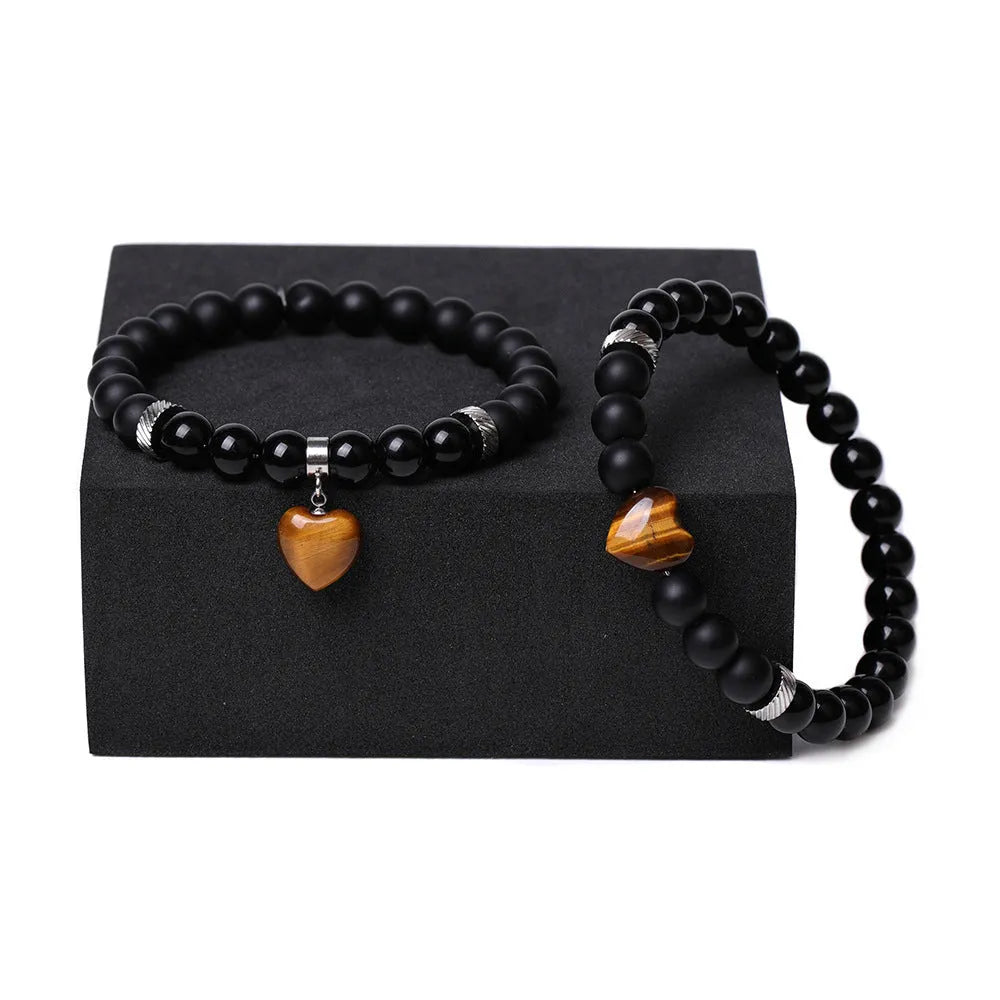 Natural stone couple matching bracelets with geometric heart design in eight colour variations