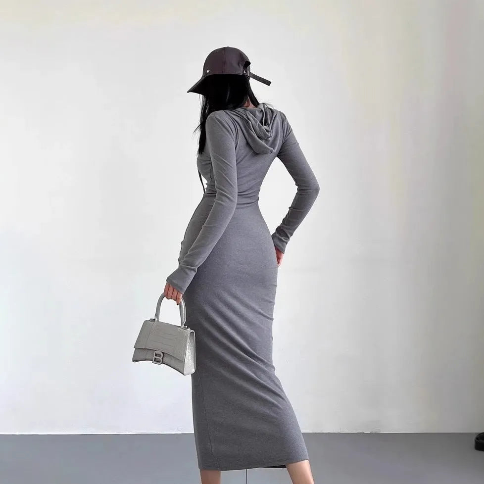 Women's grey hooded long sleeve sheath dress with high waist, shown knee-length.