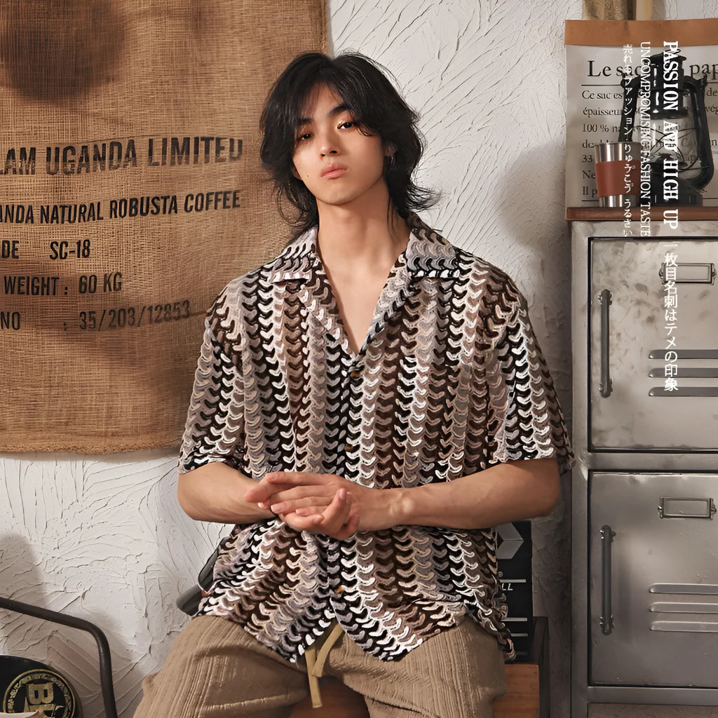 Japanese style Cuban collar short sleeve shirt in grey jacquard fabric with fleece lining