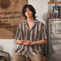 Japanese style Cuban collar short sleeve shirt in grey jacquard fabric with fleece lining