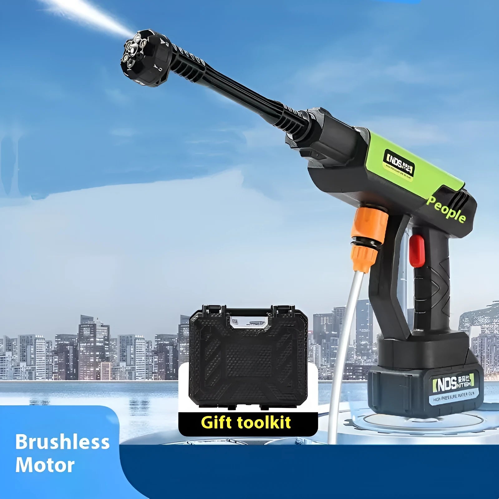 Wireless high pressure water gun in green with six nozzle attachments and accessories for household cleaning