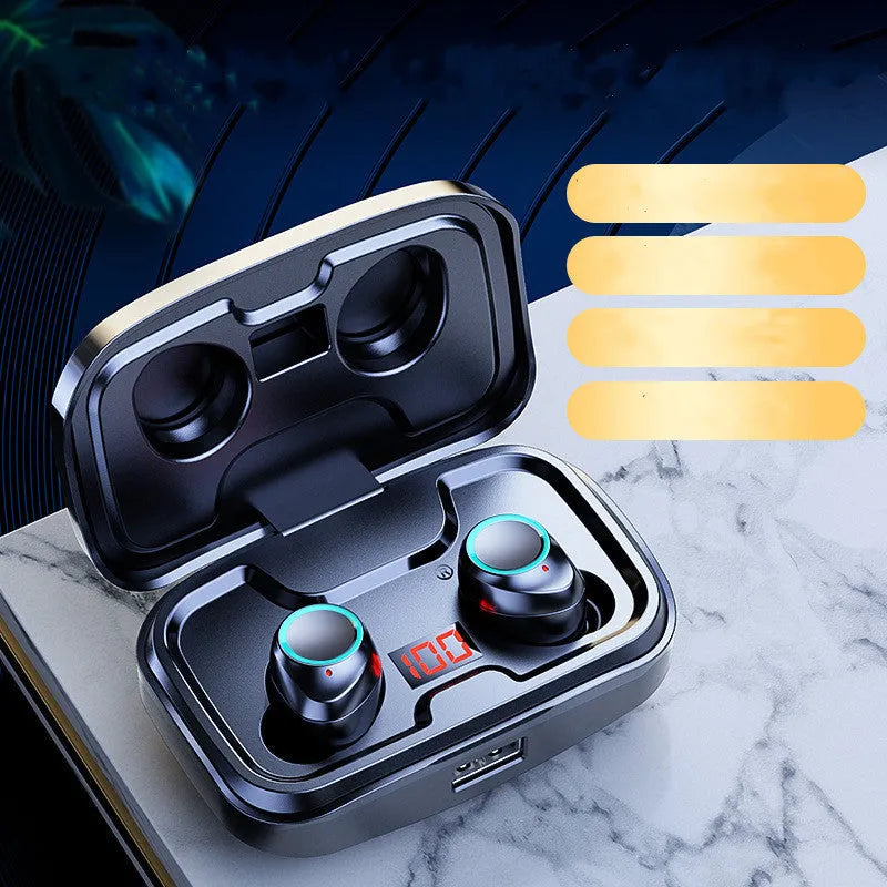 Wireless Bluetooth 5.0 in-ear earphones in black, blue, or red colours showing earplug design