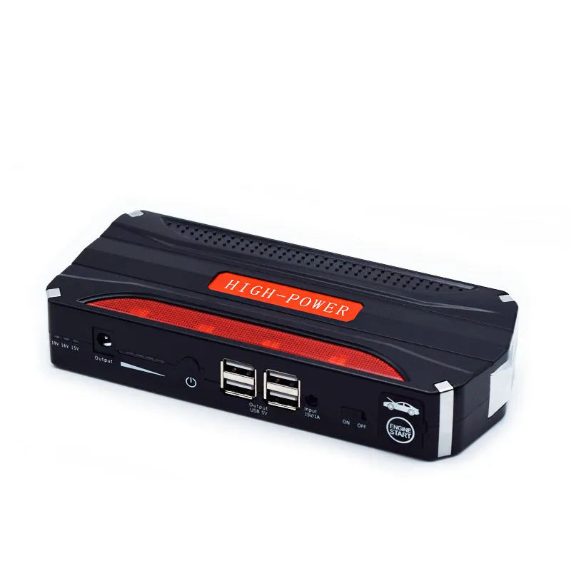 Black and red 12V vehicle emergency jump starter power pack with 7800mAh battery