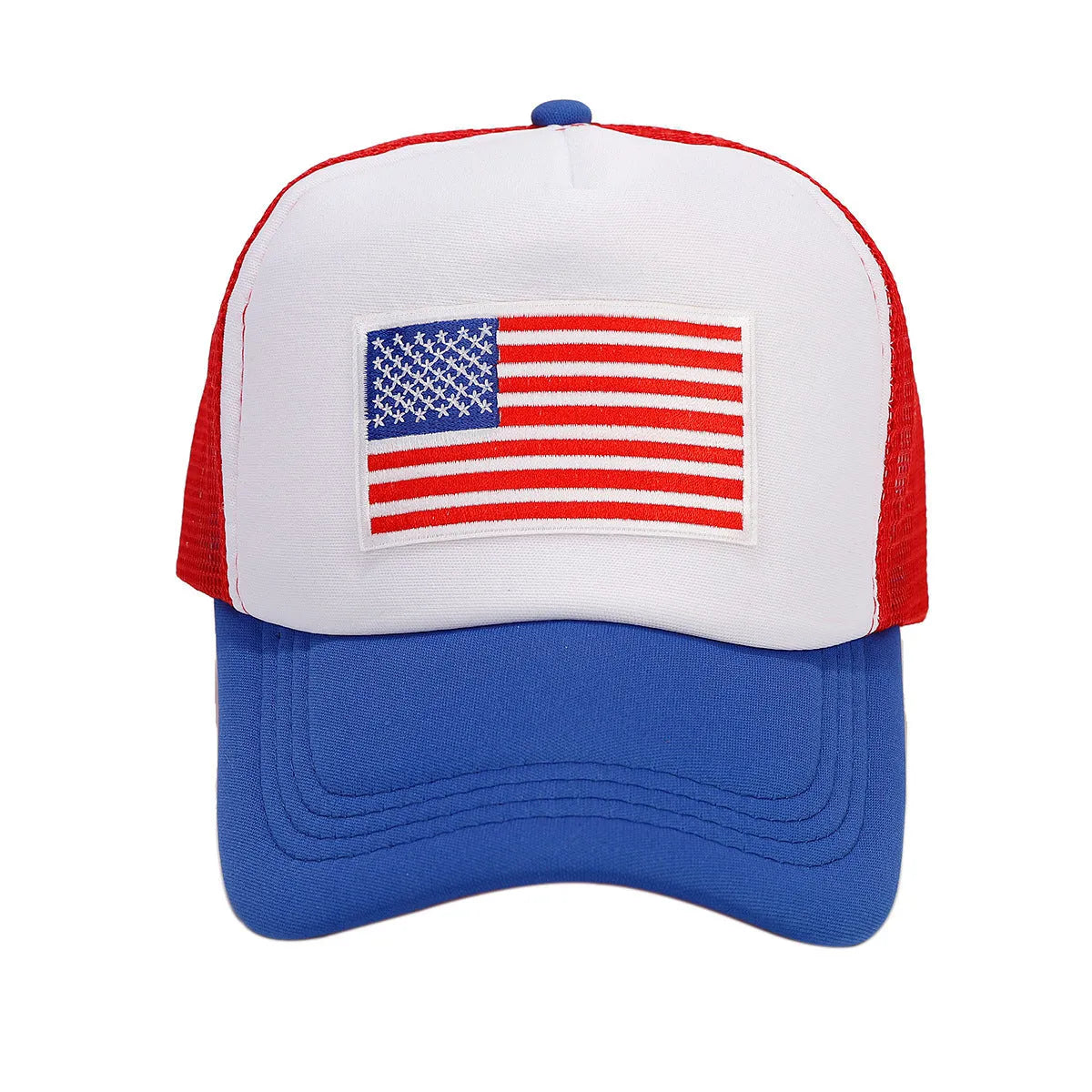 Red and blue mesh baseball cap with adjustable sizing strap