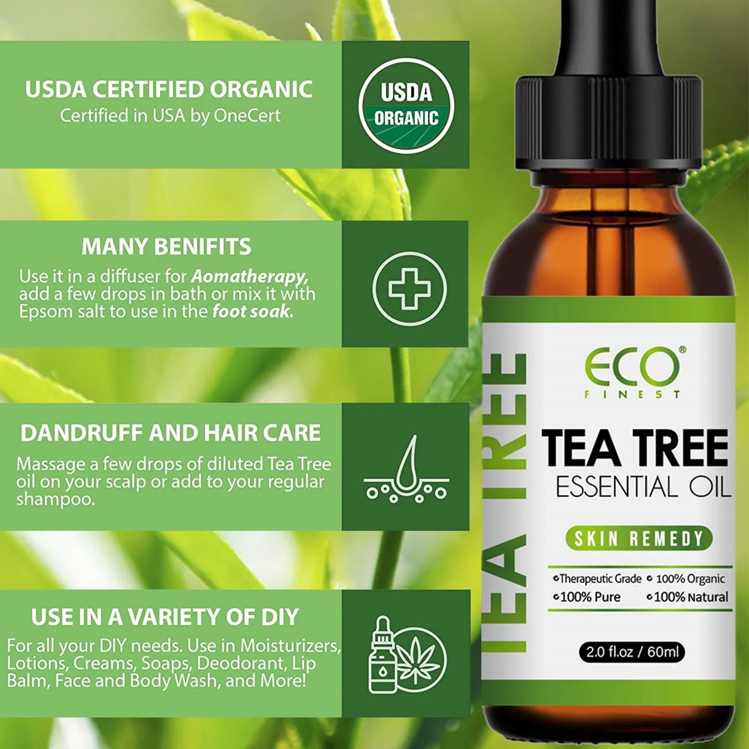 60ml bottle of tea tree essential oil for massage and skincare use.