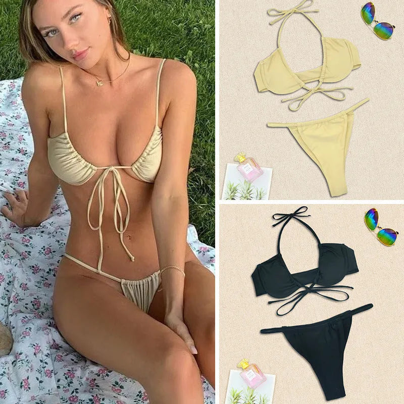 Women's black and mint green split bikini swimsuit with adjustable shoulder straps