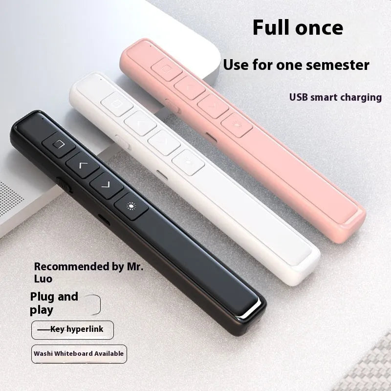 Black, white, and pink wireless presentation remote control pens with a USB receiver on a wooden desk.