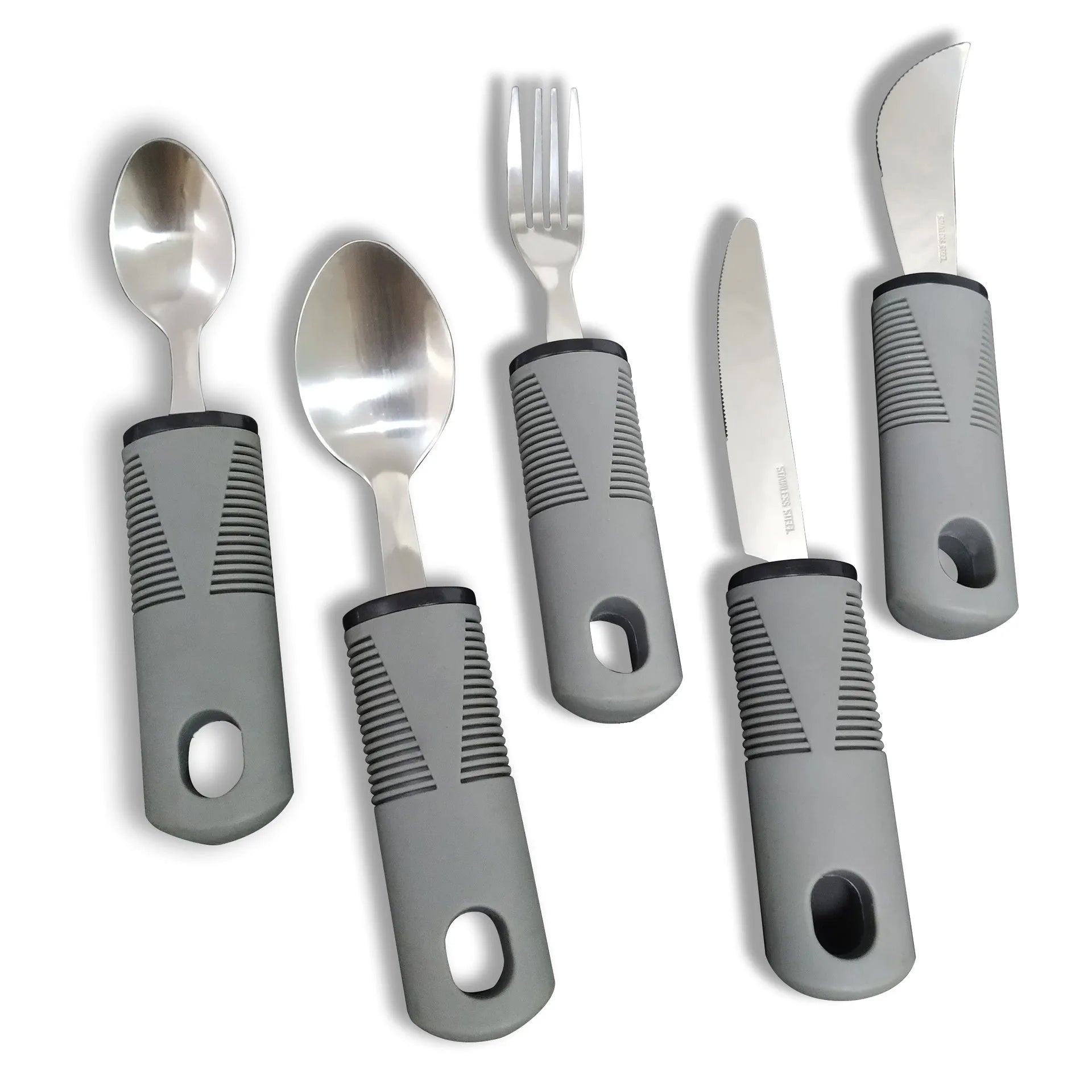 Stainless steel adaptive eating utensils with rubber anti-shake handles for elderly dining assistance
