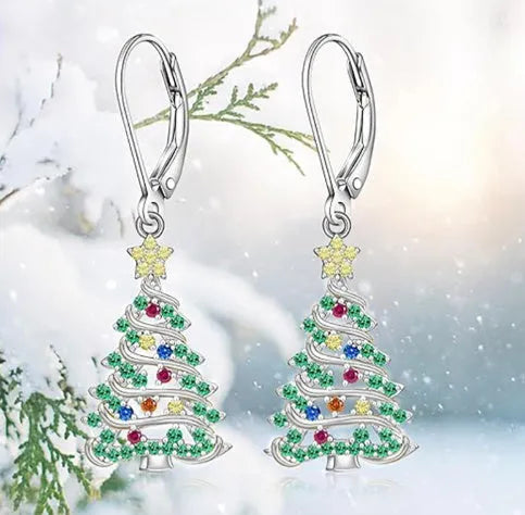Women's Christmas tree earrings with star shape in white gold colour on copper base