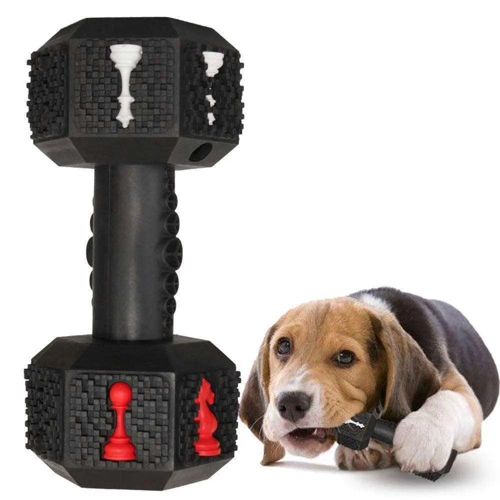Blue durable rubber dumbbell dog chew toy with textured surface for dental cleaning.