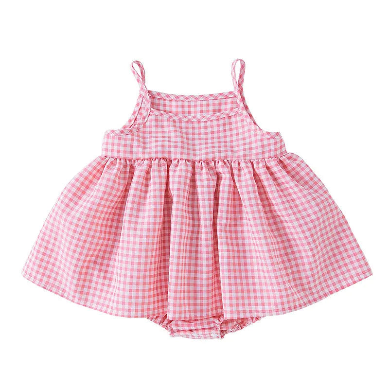 Baby girl in Korean style plaid princess sling romper dress in light green on white background