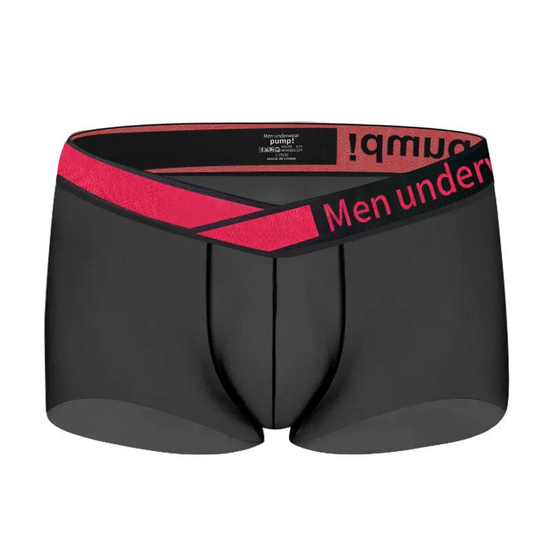 Men's black low waist seamless underwear with a red gradient laser print design on the front