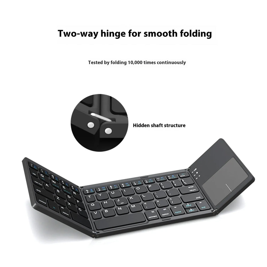 Mini tri-fold Bluetooth keyboard shown unfolded and folded, black colour option