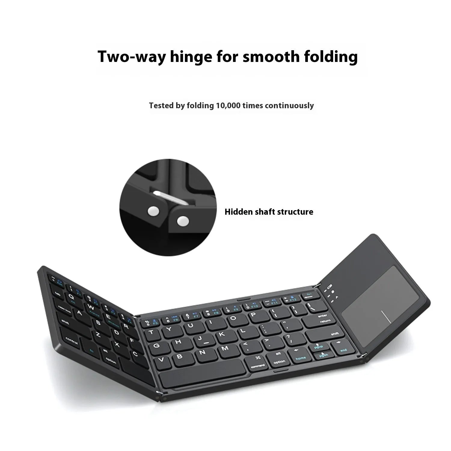 Mini tri-fold Bluetooth keyboard shown unfolded and folded, black colour option