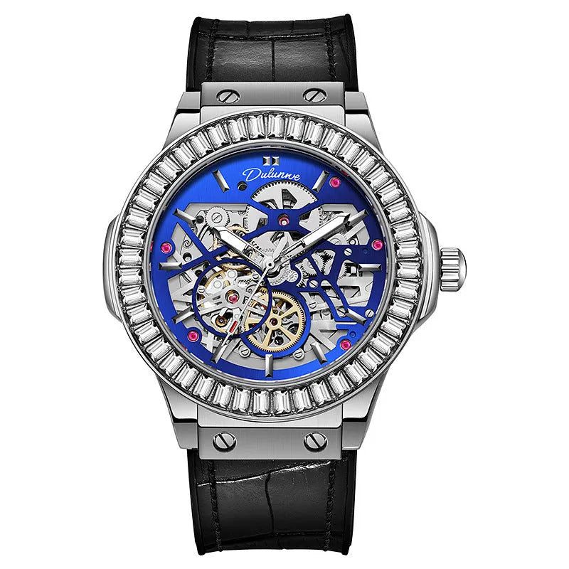 Men's automatic mechanical watch with skeleton dial and diamond bezel on wrist
