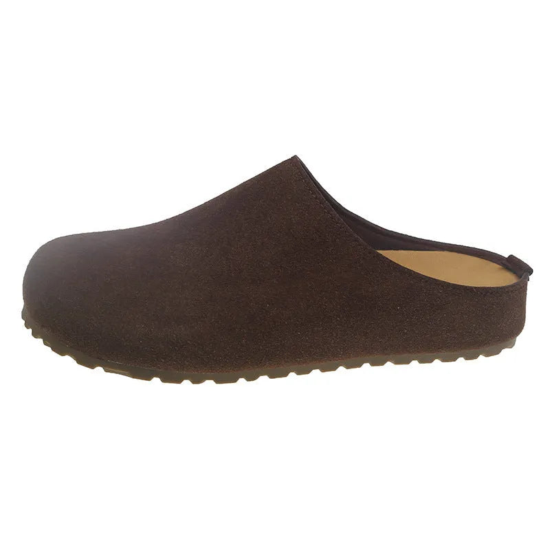 Soft flat slip-on slippers in apricot colour with square toe and microfibre upper.