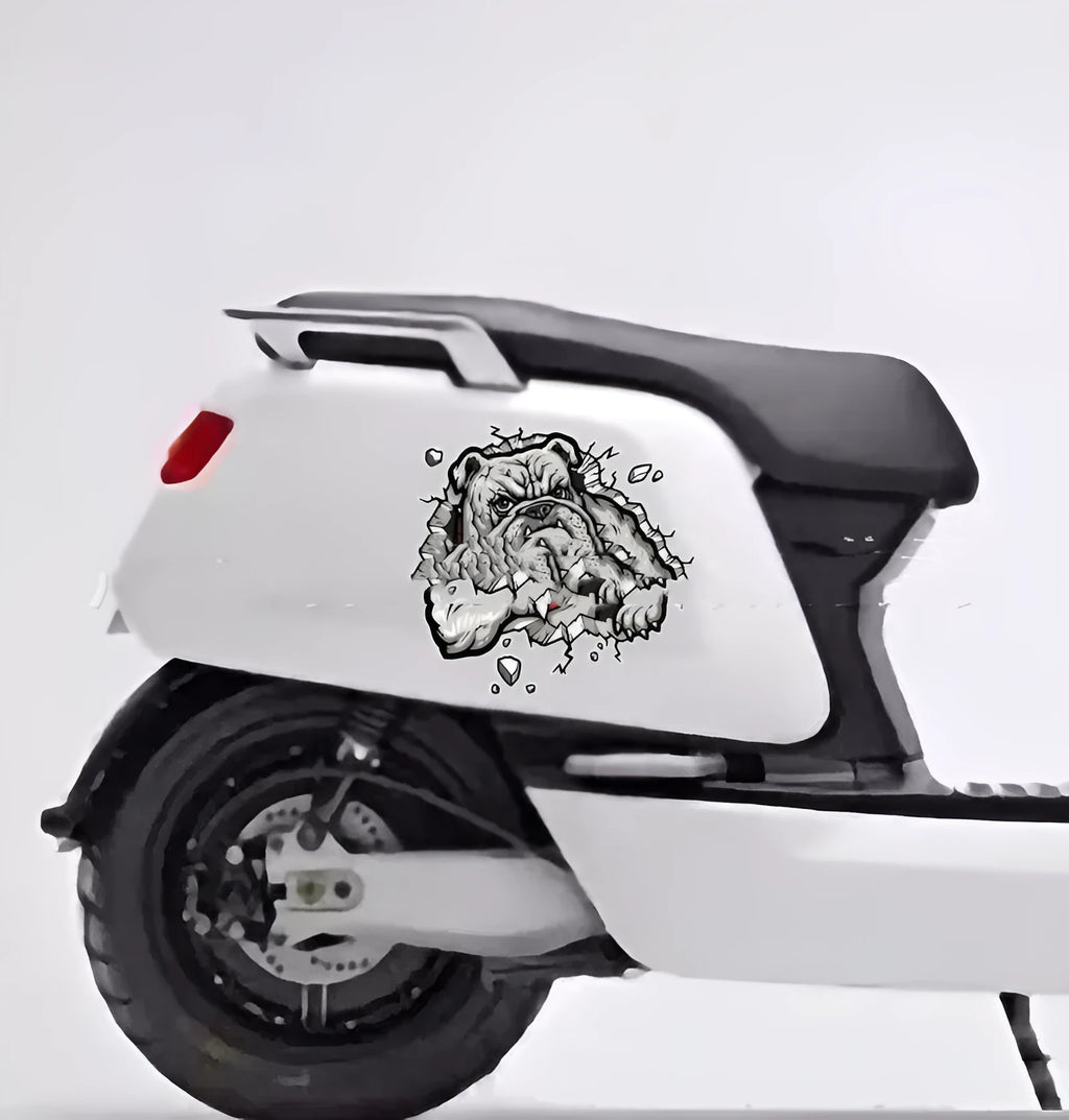 Grey Dog pattern motorcycle bumper sticker measuring 17x17cm with customisable length options