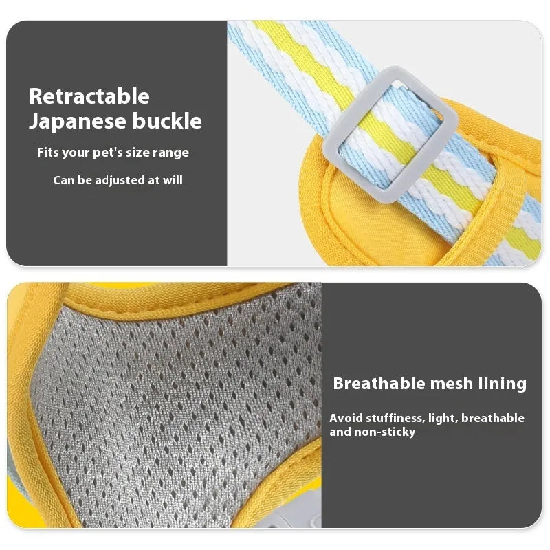 Colour options for an anti-strangulation pet safety harness with a free lead.