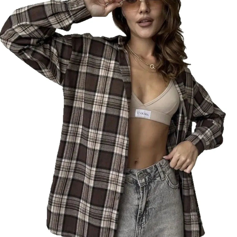 Dark brown striped retro style women's shirt with long sleeves and regular fit