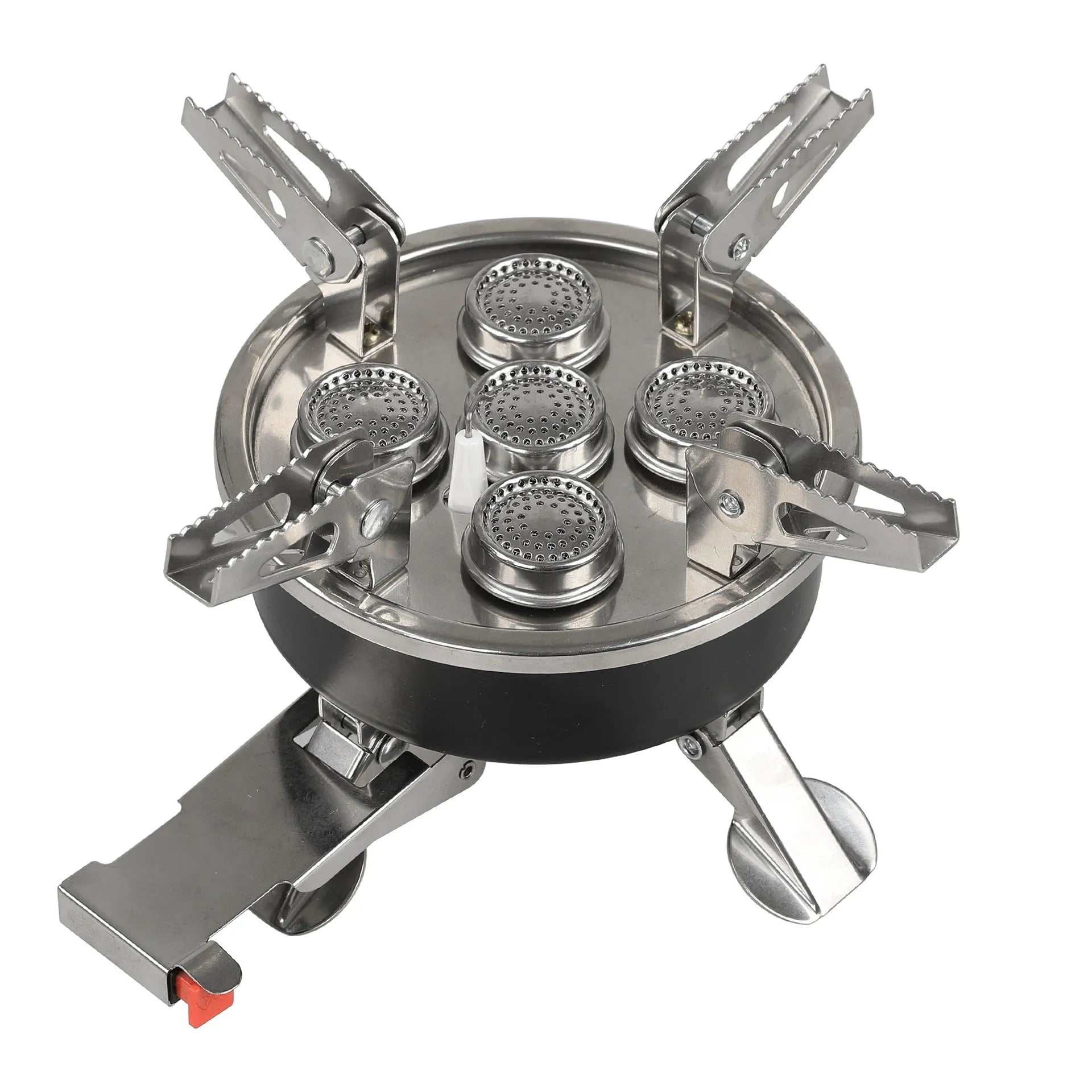Silver portable folding camping gas stove made of stainless steel and copper with a long black hose.
