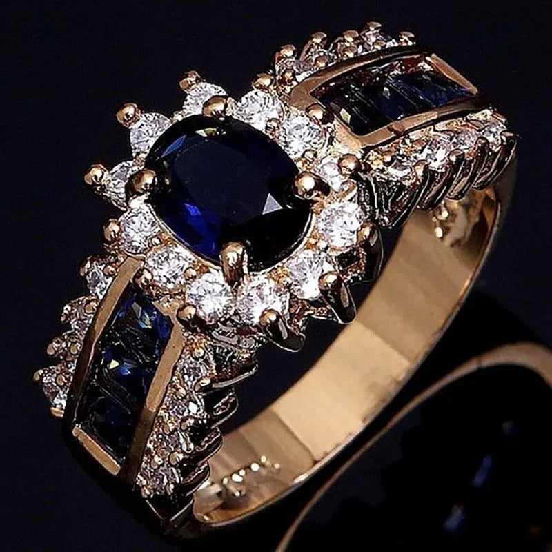 Zinc alloy personalised ring with sunflower blue diamond, square blue zircon, or square purple zircon stone options