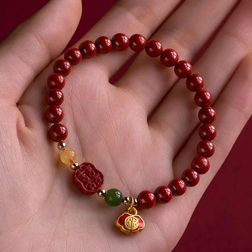 Happy Eyebrow Bracelet with raw emperor sandstone beads and fu character in New Chinese style