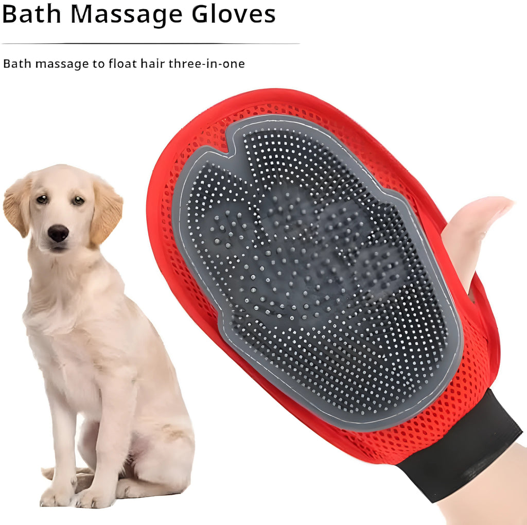 Red pet bathing glove with integrated brush for grooming and hair removal