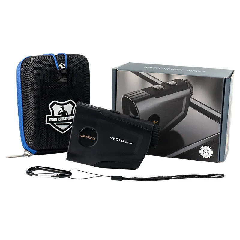 Rechargeable golf laser rangefinder with LCD display showing distance measurement
