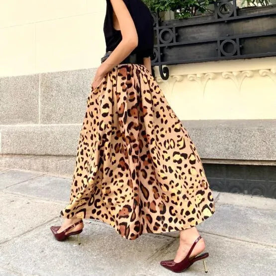 Women's brown leopard print A-line long skirt in polyester fabric