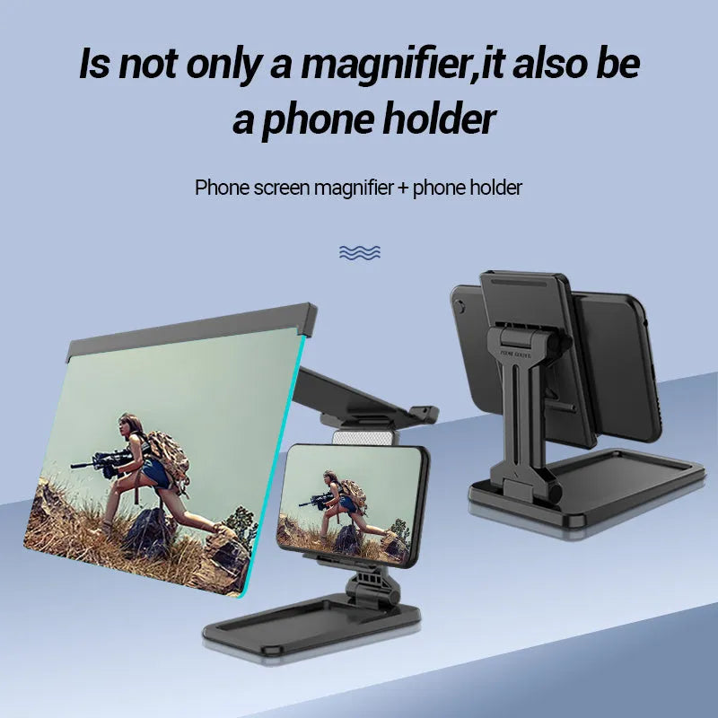 Black foldable mobile phone screen magnifier with detachable phone holder on a desk