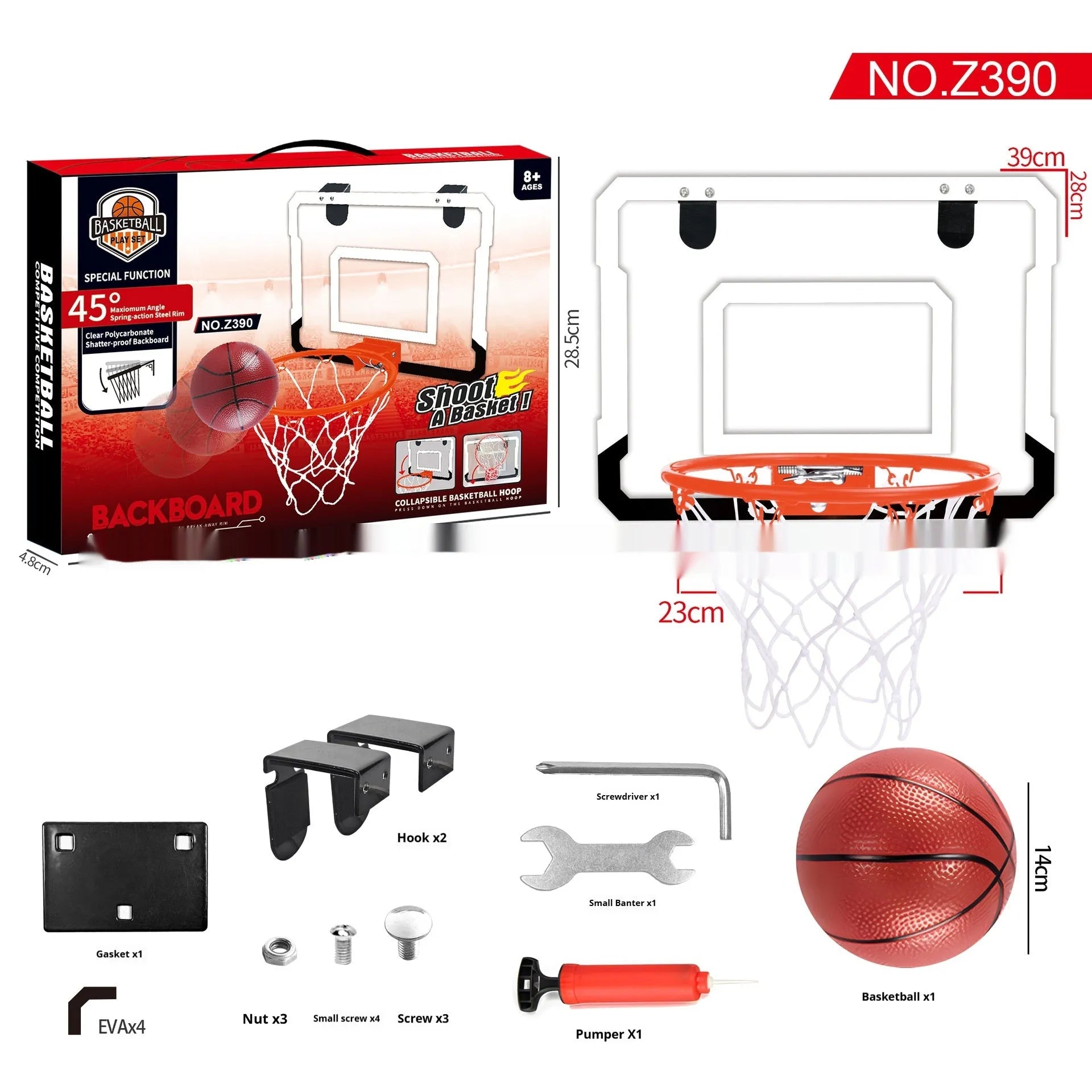 Red folding basketball frame with suction cups mounted on glass door showing scoring panel