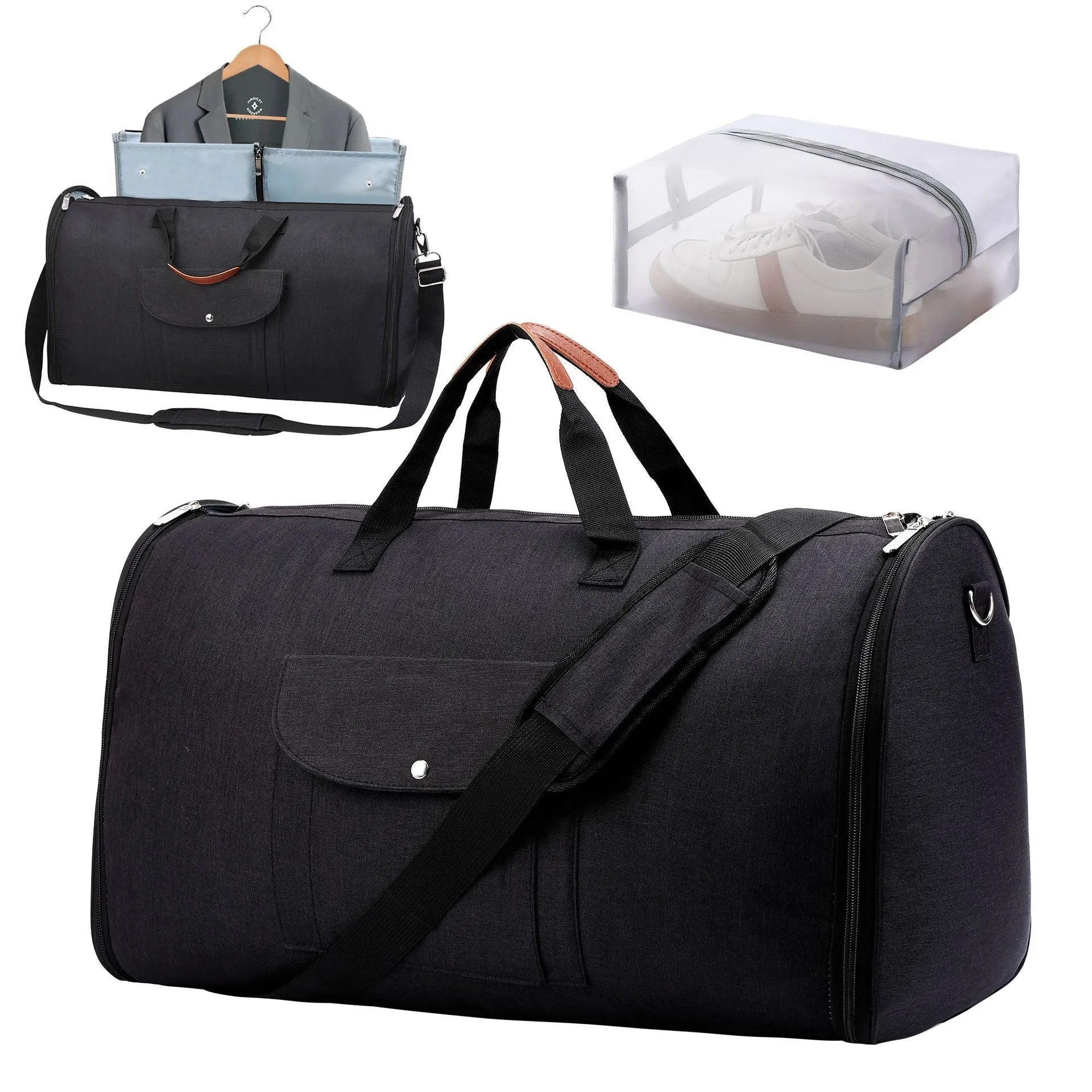 Folding duffel luggage bag in Oxford cloth with 36-55L capacity shown in dark blue colour