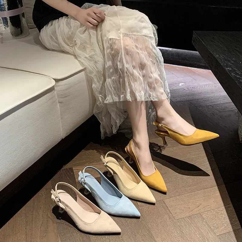 Women's suede stiletto high heels with pointed toe in apricot colour