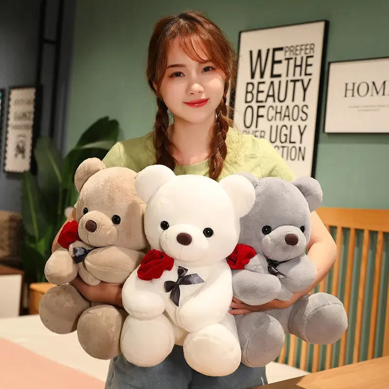 Rose bear plush teddy doll in beige, brown, or grey with soft short plush fabric