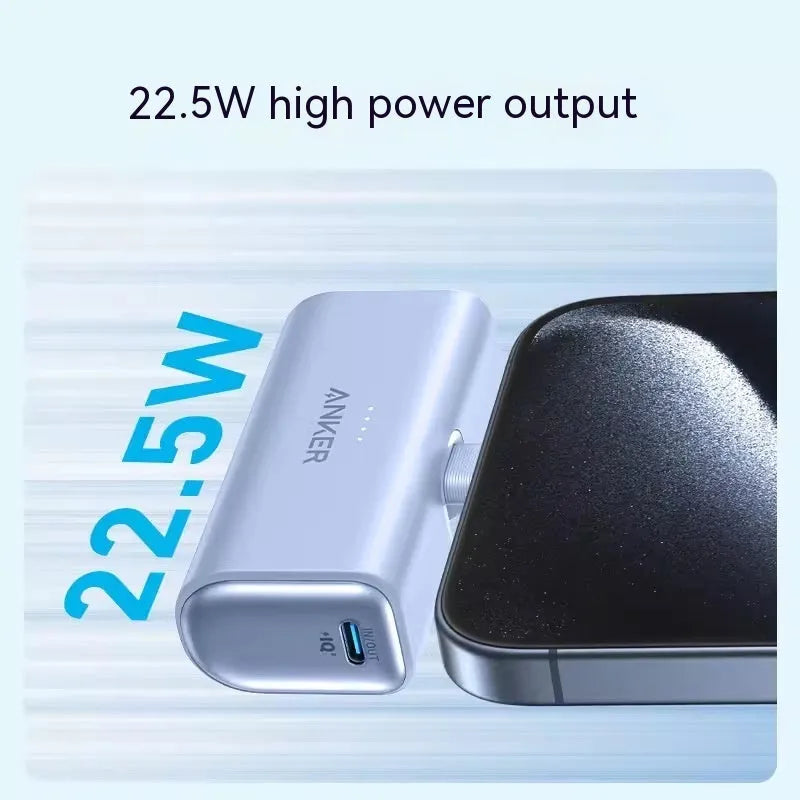 Compact capsule-shaped power bank in various colours with a fold-out USB-C cable