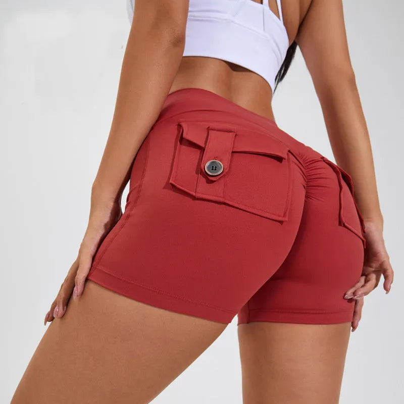 Women's high waist quick-dry nylon sports shorts with pockets in avocado green colour
