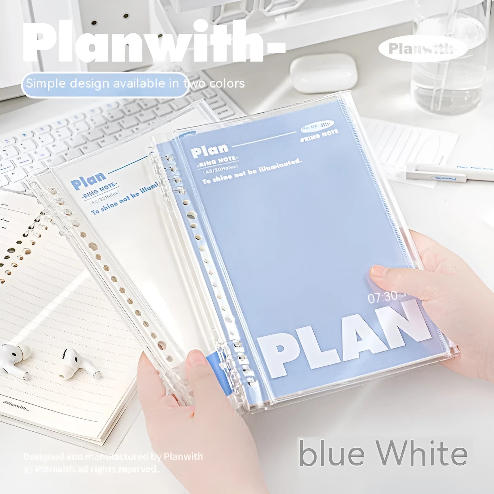 A5 spiral notebook with PVC cover in white or blue colour options