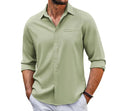 Men's grey casual long sleeve button-up shirt with a polo collar and lace detail on the chest pocket.