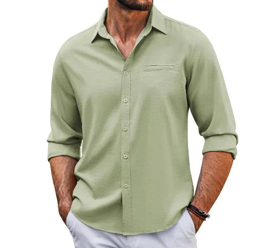 Men's grey casual long sleeve button-up shirt with a polo collar and lace detail on the chest pocket.