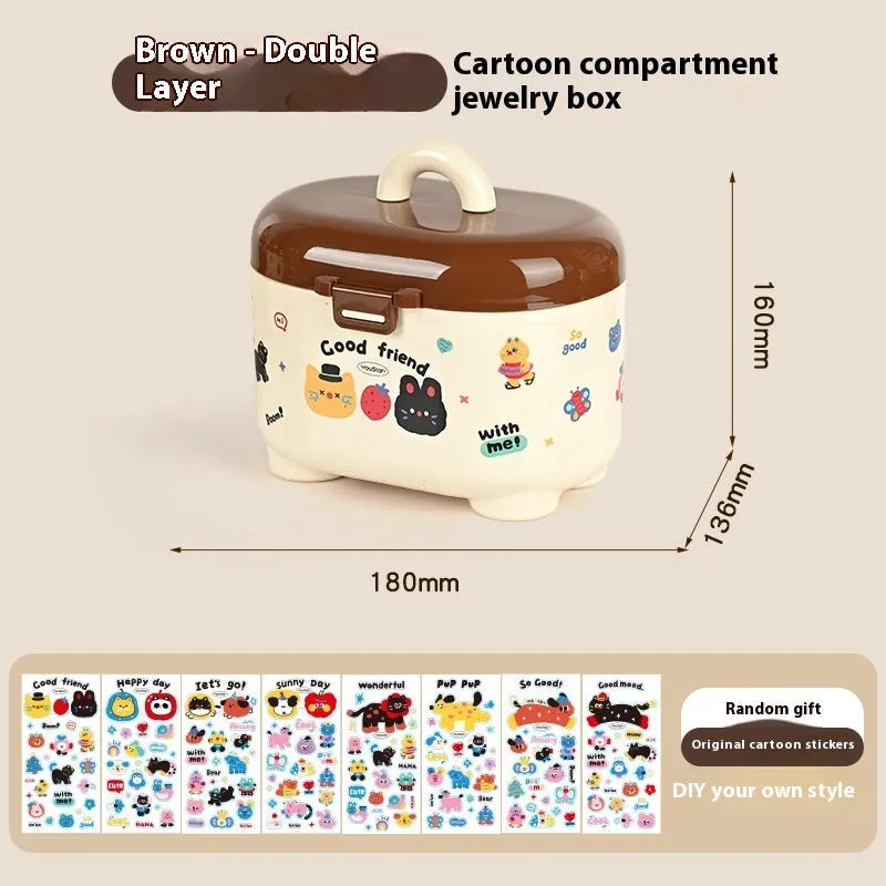 Red and brown cartoon-style plastic desktop storage organiser with grid pattern for stationery and sundries.