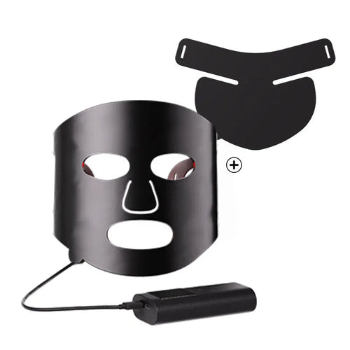 Black and gold LED phototherapy face mask with controller for home skin treatment.